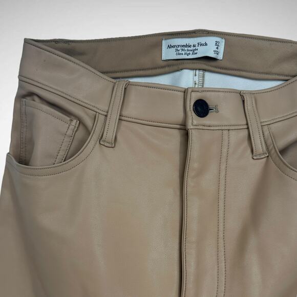 Abercrombie & Fitch Women's 4 90s Straight Ultra High Rise Faux Leather Pant Tan - Picture 3 of 12